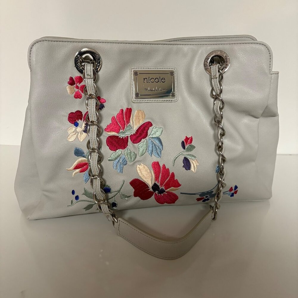 Nicole Miller Floral Embroidered Gray Purse Chain Straps Shoulder Bag